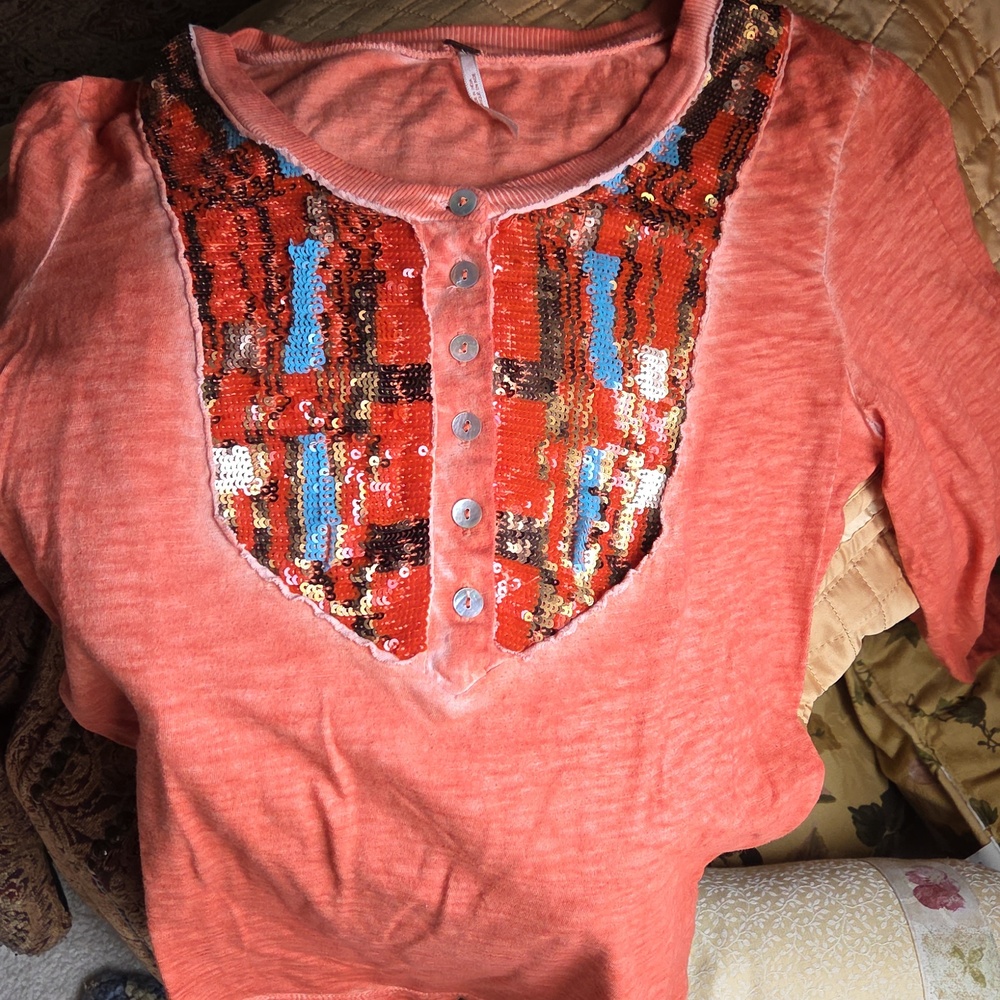 Free People sz M Henley sequin long sleeve top